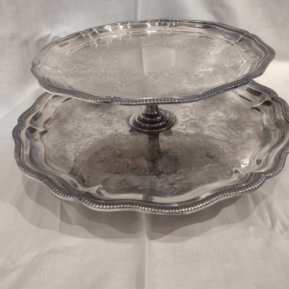 2 Tier Vintage Silver plated cake cookie tray lazy susan CS on back